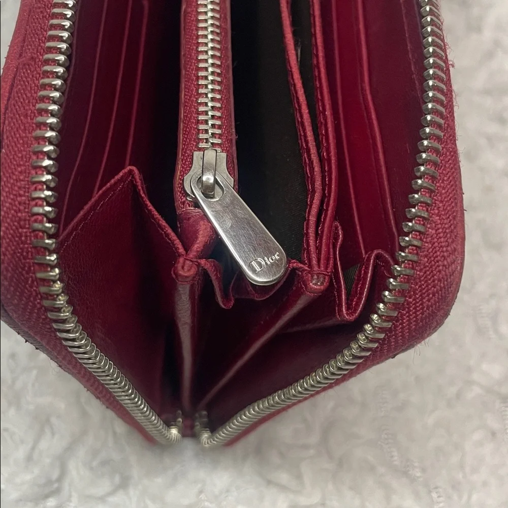 Christian Dior Voyageur Cannage Quilted Lady Dior Leather Zip Long Wallet in Red